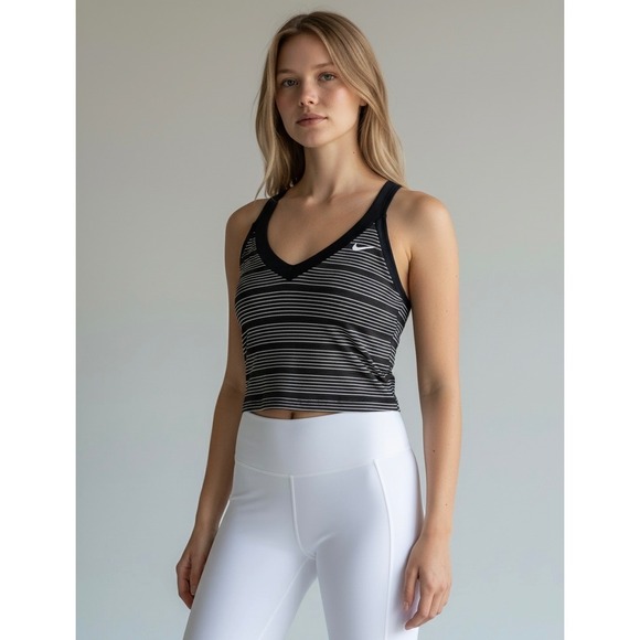 Nike Tops - Nike Striped V-Neck Athletic Tank Top with Built-in Bra Black White Size L